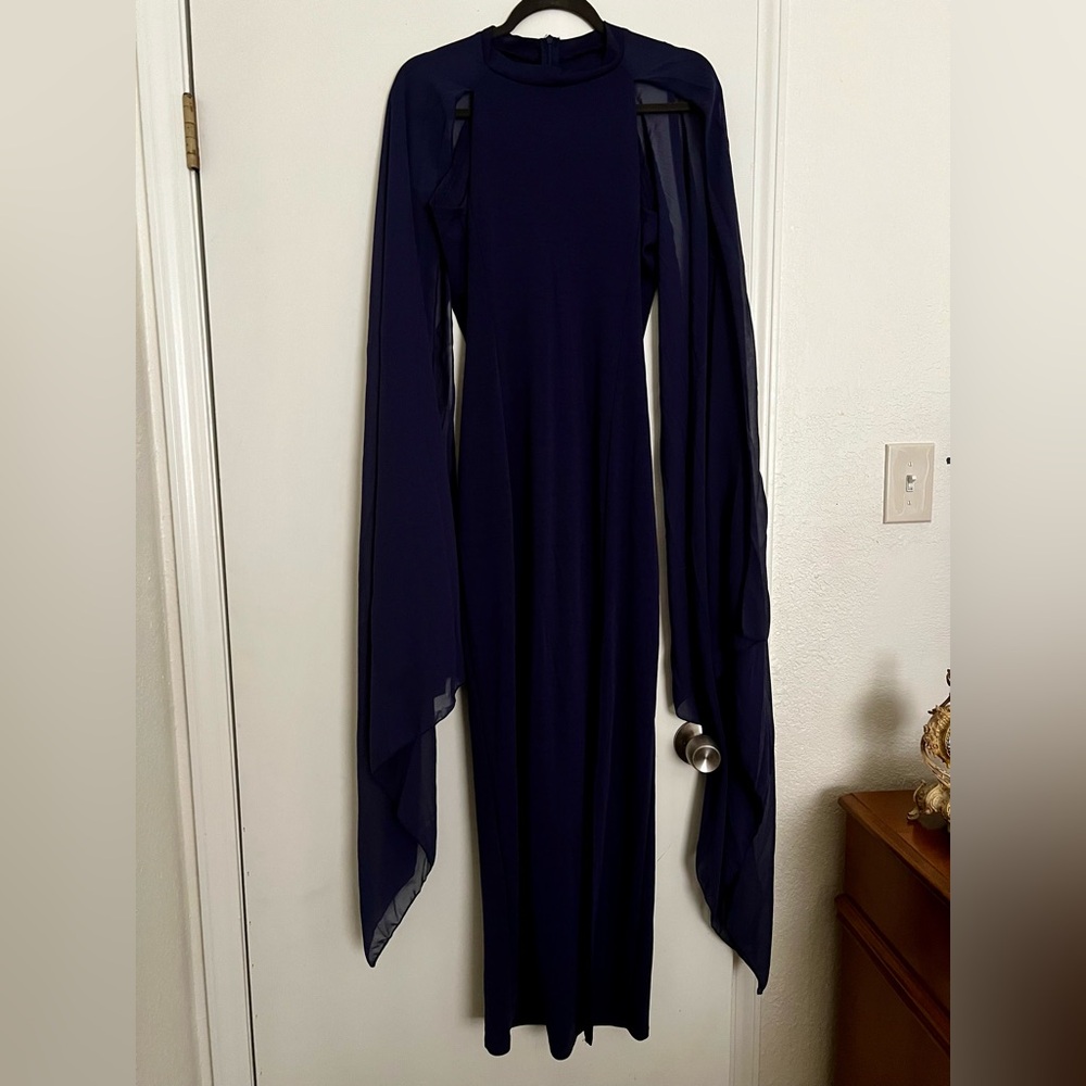 Amazon Elegant High Split Flare Sleeve Formal Evening Gowns Maxi Dress with Cape